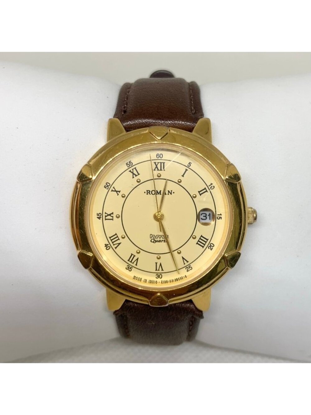Roman gold tone date watch India made quartz 35mm unisex brown leather runnin